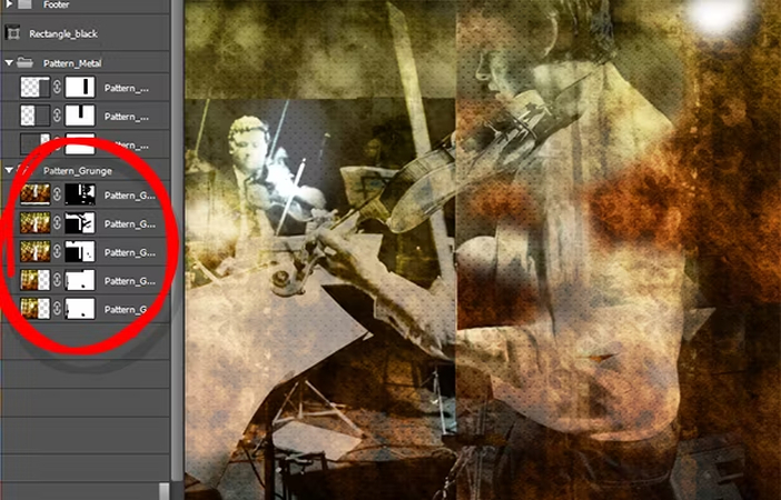Photoshop shows a grunge texture layer above an image.