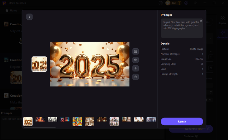 Elegant AI-generated New Year card featuring gold balloons and confetti