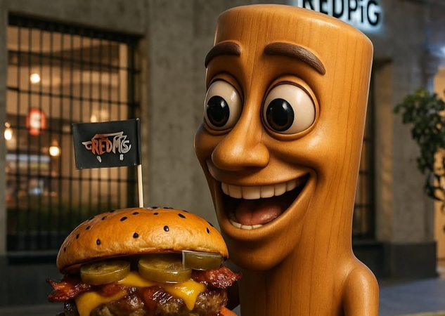 tung tung tung sahur character laughing with a burger in hand