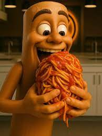 tung tung tung sahur character laughing while eating spaghetti