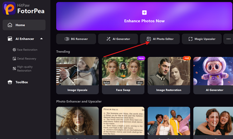Tableau de bord de retouche d'image HitPaw FotorPea