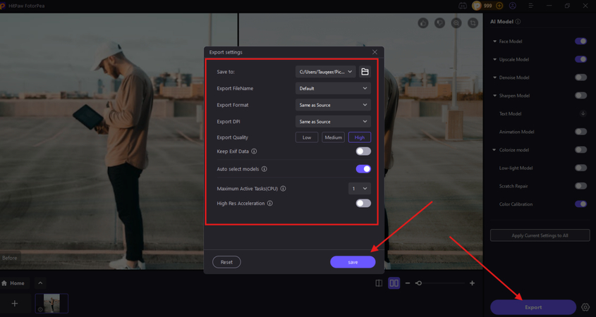 HitPaw FotorPeaのエクスポート設定