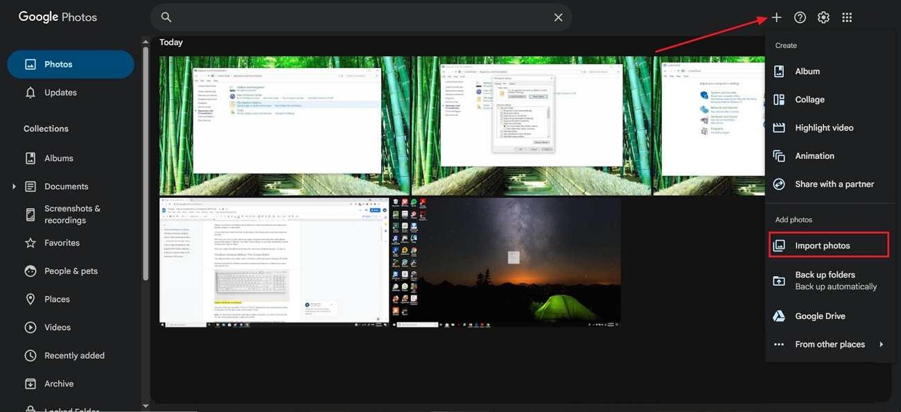 Importieren von Fotos in Google Fotos auswählen