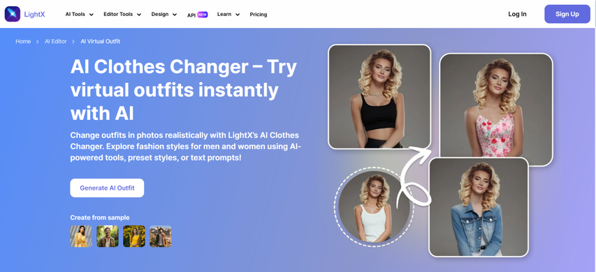 homepage screenshot of lightx ai clothes generator