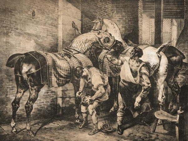 a picture showing horses and men in amazing lithography art style