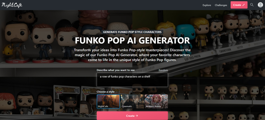 homepage screenshot of nightcafe funko pop ai generator