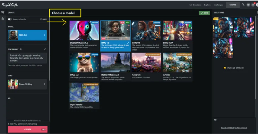 choosing nightcafe art model
