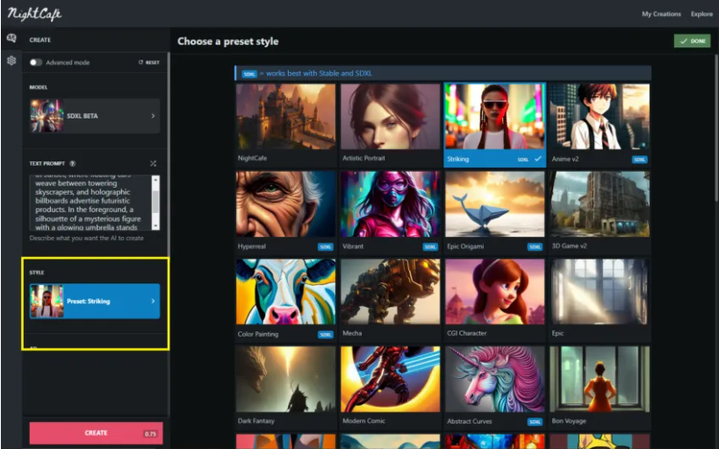 choosing art style nightcafe