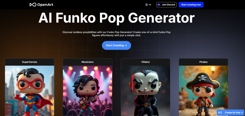 homepage screenshot of openart funko pop generator