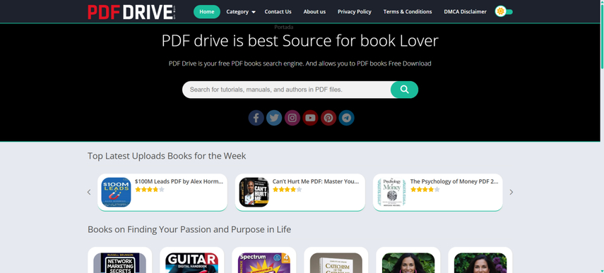homepage screenshot of pdf drive