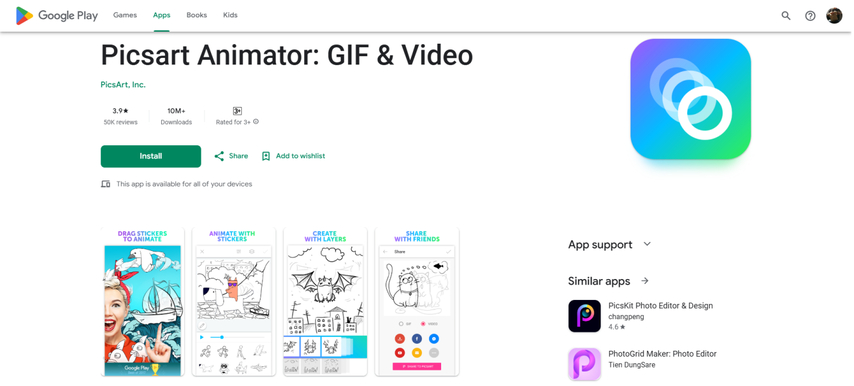googleplay store homepage screenshot of pixrt animator