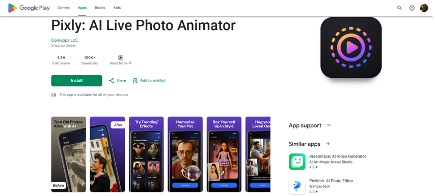 google play store homepage screenshot of pixly