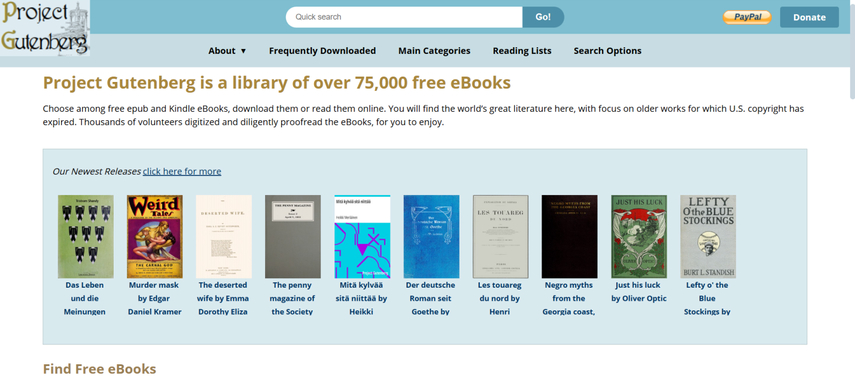 homepage screenshot of project gutenberg