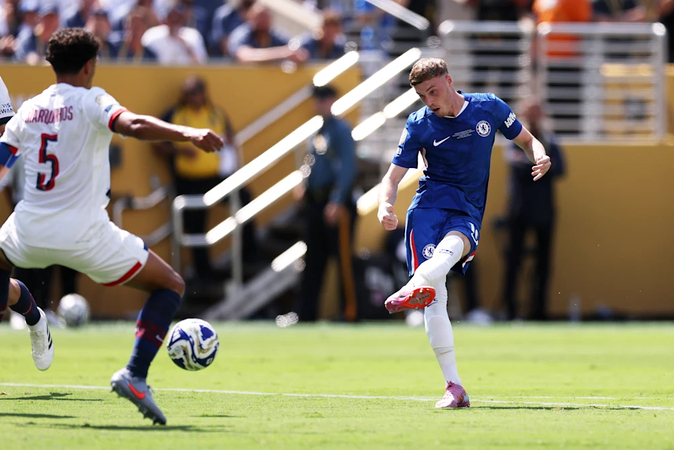 Cole Palmer shooting during Chelsea vs PSG FIFA Club World Cup 2025 final.