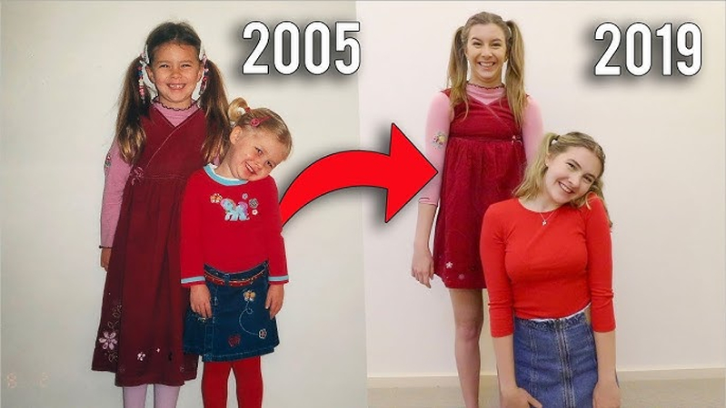 recreate childhood photo same outfits