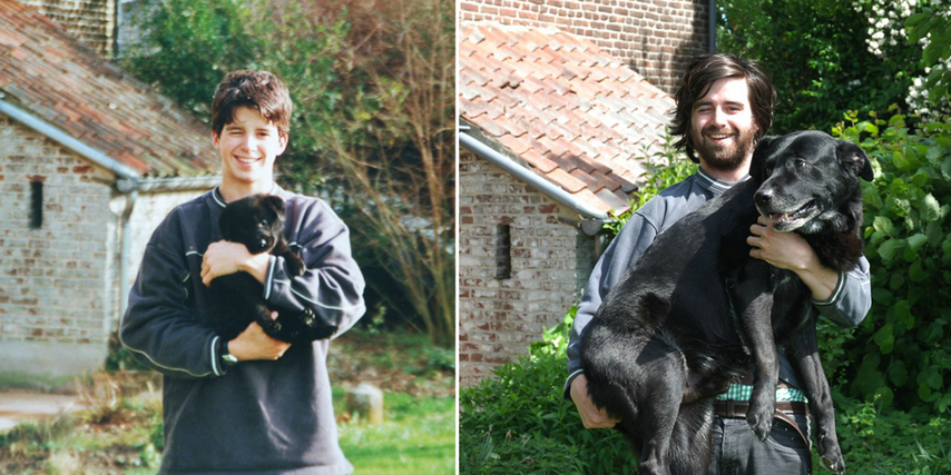 recreate childhood photo with pet