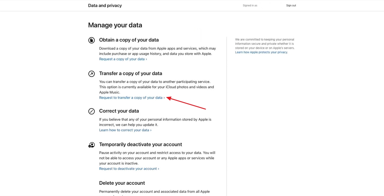 Anforderung zur Übertragung einer iCloud-Datenkopie