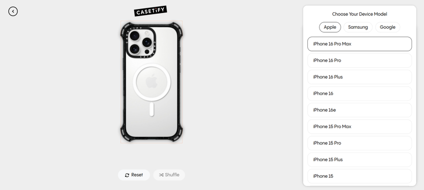 choose device model screen on Casetify
