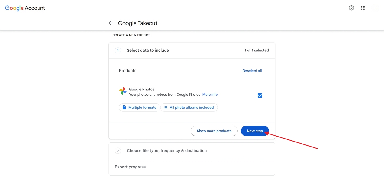 choose google photos in google takeout