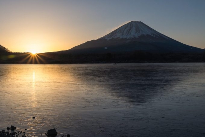 sunrise mountain photography with water reflection
