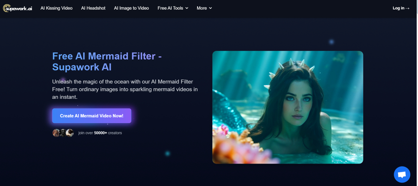 homepage screenshot of supawork ai mermaid filter