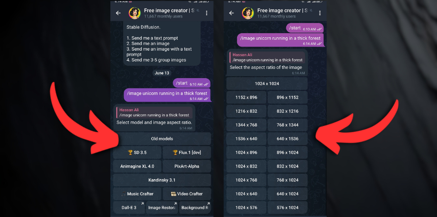 telegram ai image generator bot inputs