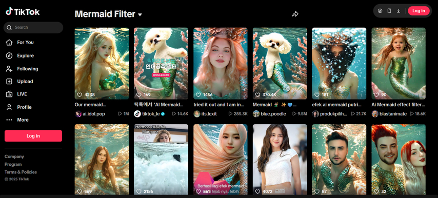 homepage screenshot of tiktok ai mermaid filters