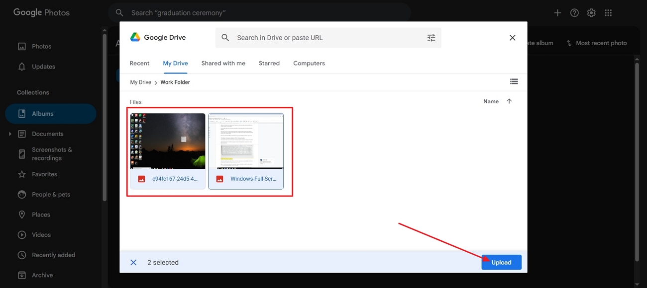 Fotos auswählen und in Google Fotos hochladen