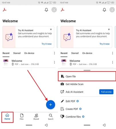 insert pdf on adobe app interface