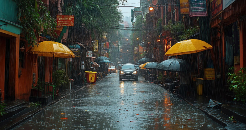 urban street rain shot photography with umbrellas