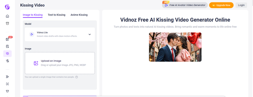 vidnoz-homepage-screenshot-ai-kissing-video-tool
