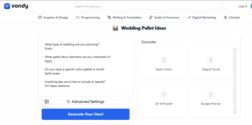vondy wedding color palette generator