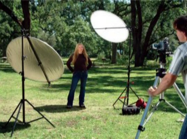 women under shooting with two reflectors