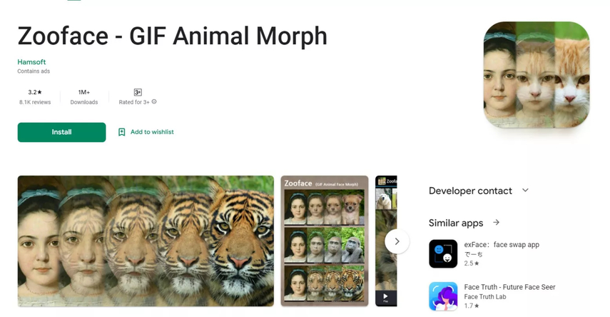 screenshot of playstore showing zooface app