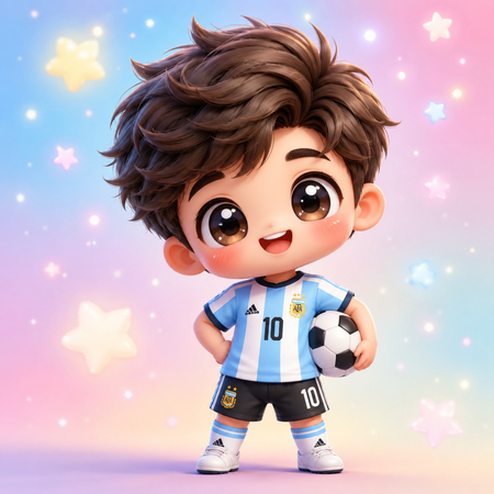 Cute Chibi-style 3D cartoon football player with giant head, sparkling eyes, rosy cheeks