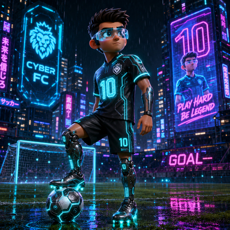 Futuristic cyberpunk 3D football player with glowing cyan football kit