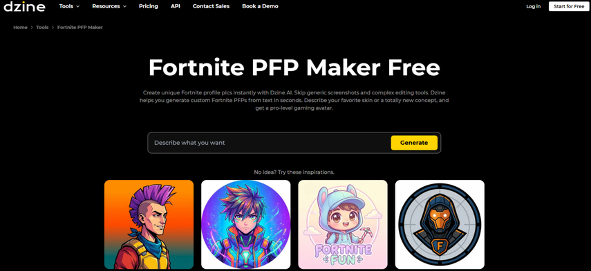 homepage screenshot of dzine.ai fortnite pfp maker
