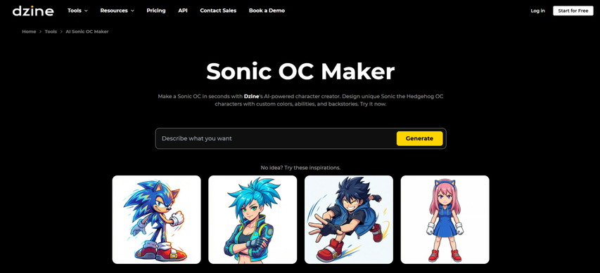 homepage screenshot of dzine.ai sonic oc maker