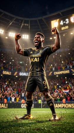 3D cartoon football player celebrating victory with raised fists
