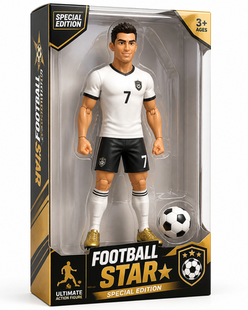 3D cartoon football player packaged inside a toy box with transparent display