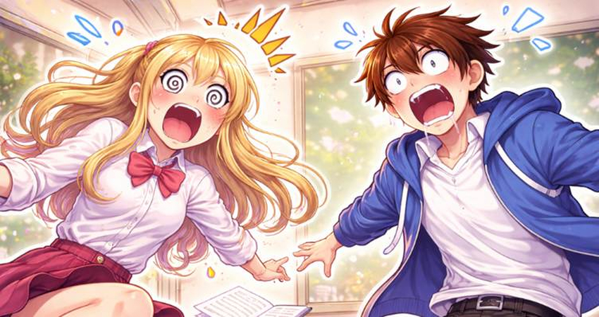 exaggerated shocked anime face in comedic scene