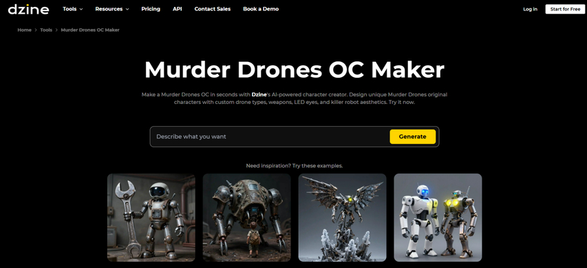 dzine.ai murder drones oc maker homepage screenshot