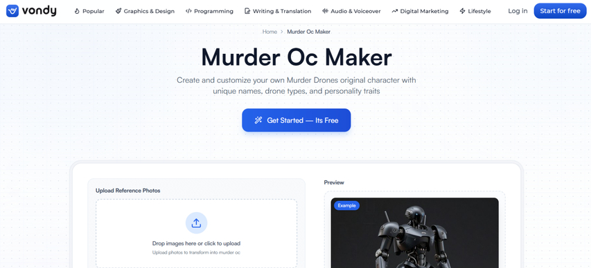 vondy murder oc maker homepage screenshot