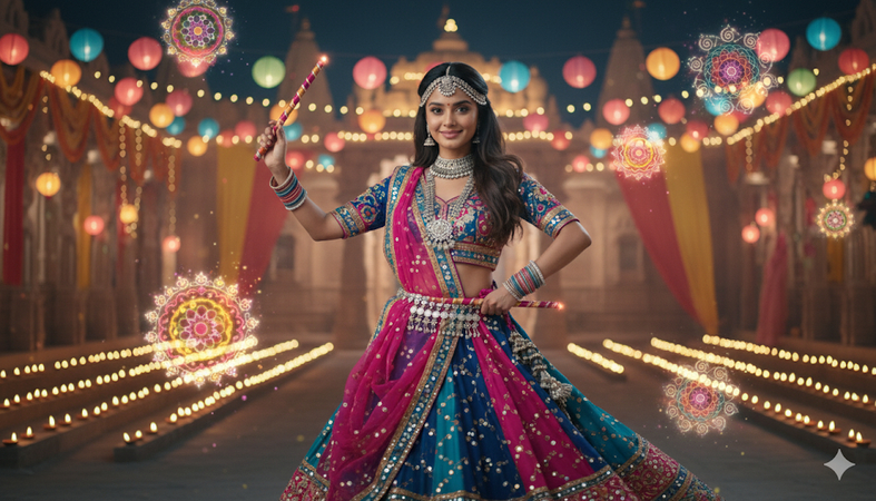 navratri ai photo retro style floating rangoli