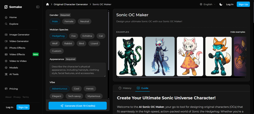 homepage interface of somake.ai sonic oc maker