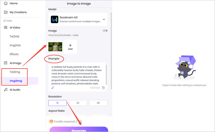 upload image and type prompt for ai fat effect