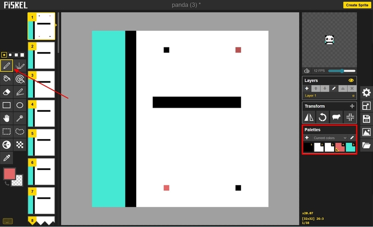 Piskel에서 요소 추가 및 색상 설정