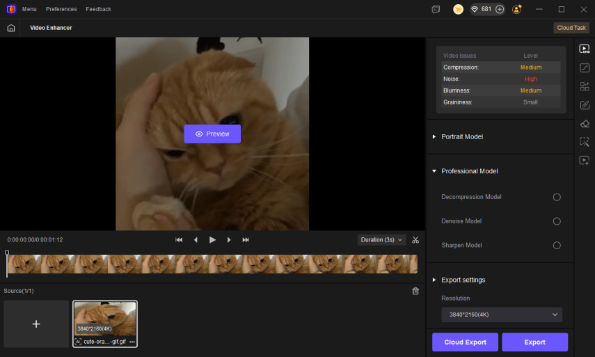 choose AI model to enhance orange cat GIF