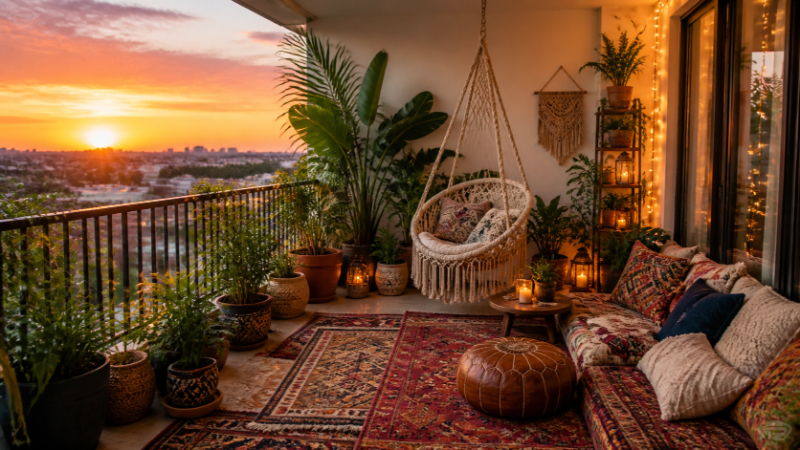 GPT Image 2プロンプトで生成したボヘミアンシックバルコニーインテリアデザイン