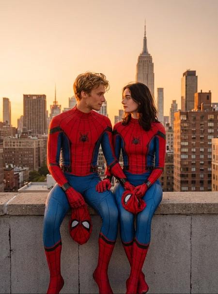 spider couple rooftop sunset scene